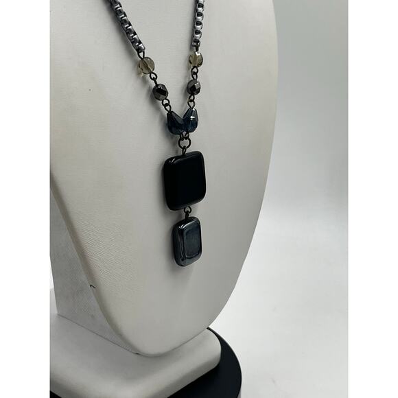 SABIKA Designer Two Tone Dark
Grey Metal Purple Black Bead Y Style Necklace - Picture 8 of 10
